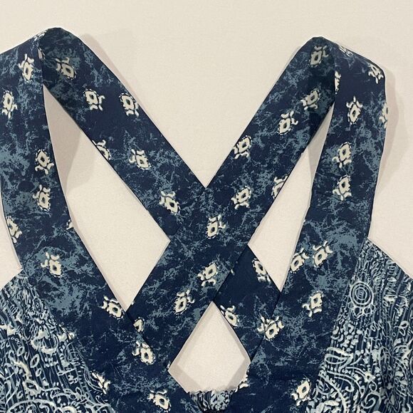 ~ Ecote Lg Boho Crop Top Blue Paisley Pattern Navy Adjustable Convertible Beachy - Picture 14 of 16